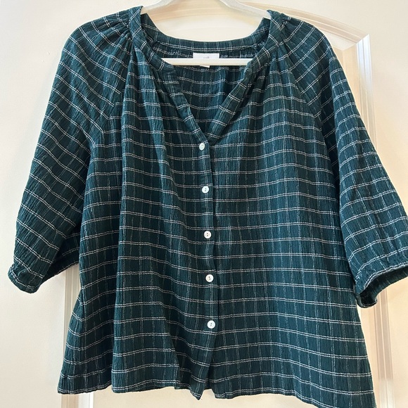 J. Jill plaid 3/4 length sleeve v neck button down top. Dark green. Classic. PXL - Picture 2 of 9